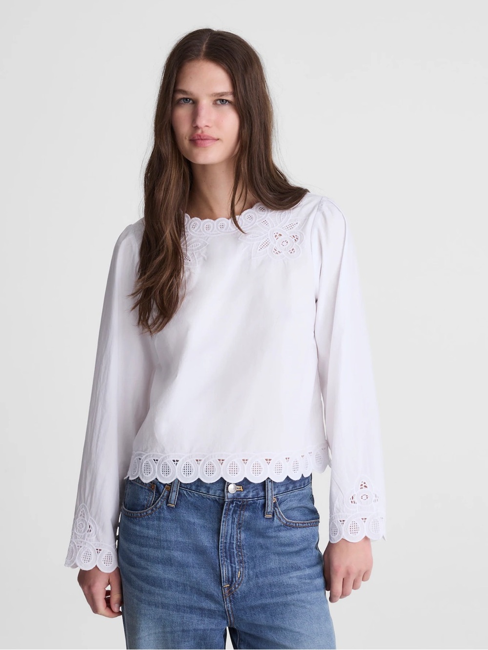 Madewell Embroidered Puff-Sleeve Top in Poplin White NWT Size S